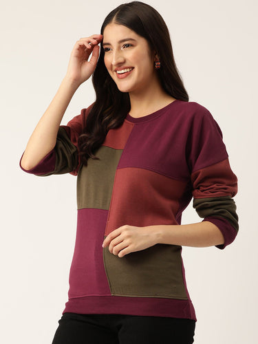 Maroon Colourblocked Fleece Sweatshirt - RueCollections